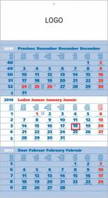 Kalendář 2014 - Standard modrý 3měsíční s českými jmény - nástěnný s prodlouženými zády